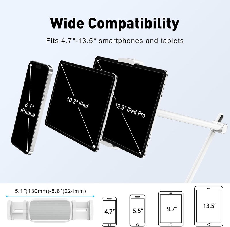 AboveTEK Tablet Stand Holder for Desk & Bed, Aluminum iPad Holder Arm with 360° Rotating Clamp, Adjustable Phone Stand Compatible with 4.7"-13.5" iPad Pro/Air/Mini, iPhone, Galaxy Tab- White - Image 3